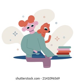 Vector flat cartoon illustration. Housework. The girl irons clothes. The cat helps.