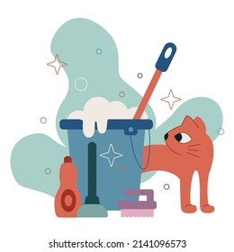 Vector flat cartoon illustration. Housework. Floor washing. A bucket with a mop is on the floor.
