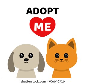 Vector Flat Cartoon Illustration Icon Design. Adopt Me. Don't Buy. Dog Cat Pet Adoption. Puppy Pooch Kitty Cat Looking Up To Red Heart. Help Homeless Animal Concept. Isolated On White Background