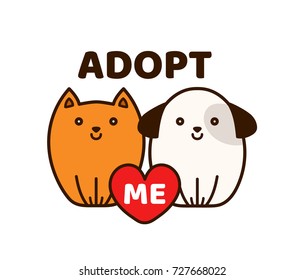 Vector flat cartoon illustration icon design.Adopt me. Dont buy. Dog Cat Pet adoption. Puppy pooch kitty cat looking up to red heart.Help homeless animal concept. Isolated on white background