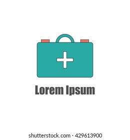 Vector flat cartoon illustration with isolated first aid box. Emergency lifeguard medicine equipment. Ambulance first aid kit. Vector logo or emblem medication design