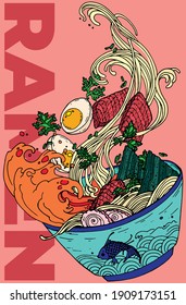 Vector flat cartoon illustration. Japanese ramen soup with herbs, egg, seaweed in a plate with fish