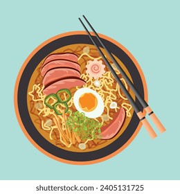 Vector flat cartoon illustration of Japanese ramen on a bowl with chopsticks. Miso soup, boiled egg, grilled nori, marinated, spring onion, bamboo shoots