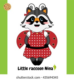 Vector flat cartoon illustration. Kawaii, cute raccoon girl with masquerade ladybug dress, sweet face, blue eyes. Element for childish design isolated on white background
