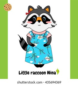 Vector flat cartoon illustration. Kawaii, cute raccoon girl with beautiful coloring dress, sweet face, blue eyes. Element for childish design isolated on white background