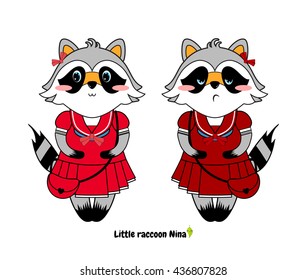 Vector flat cartoon illustration. Kawaii, cute raccoon girls with beautiful red dress, bag, sweet and naughty face, blue eyes. Object isolated on white background, print for t-shirt, stickers