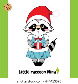 Vector flat cartoon illustration. Kawaii, Cute raccoon in Santa Claus hat, with present, sweet face, blue eyes. Element for childish design isolated on white background