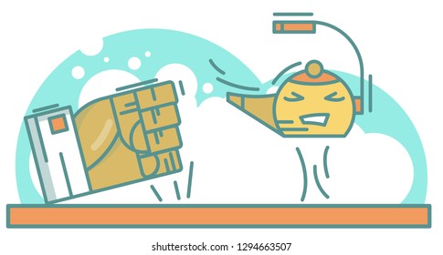 Vector flat cartoon illustration with kettle and the angry flapping against the table fist