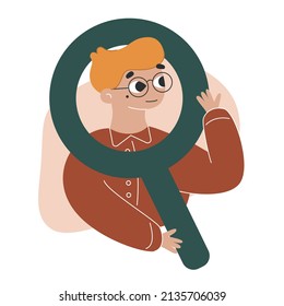 Vector flat cartoon illustration. The man is holding a large c magnifying glass. The guy is searching online.