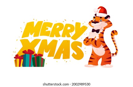 Vector flat cartoon illustration of Merry Christmas text congratulation, mascot tiger funny character in Santa hat and gift boxes isolated. For banners, web, packaging, ads, cards etc.