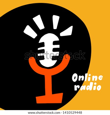 Vector flat cartoon illustration of microphone. Online radio concept. Yellow background.