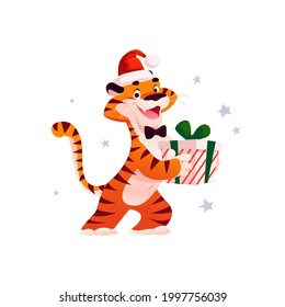 Vector flat cartoon illustration of new year and merry Christmas mascot tiger funny character in santa hat with gift box isolated. For banners, web, packaging, ads, cards etc.