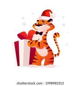 Vector flat cartoon illustration of new year and merry Christmas mascot tiger funny character in Santa hat with big xmas gift box isolated. For banners, web, packaging, ads, cards etc.