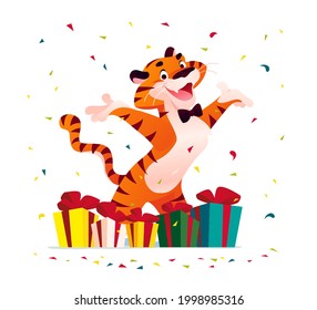 Vector flat cartoon illustration of new year and merry Christmas mascot tiger funny character with gift boxes isolated. For banners, web, packaging, ads, cards etc.
