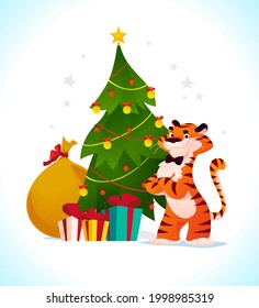 Vector flat cartoon illustration of new year and merry Christmas mascot tiger funny character at decorated xmas fir tree and presents isolated. For banners, web, packaging, ads, cards etc.