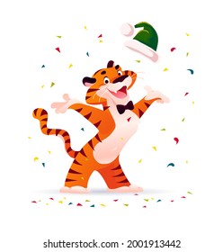 Dibujo de dibujos animados de tipo Vector plana del año nuevo y feliz tigre de mascota de Navidad gracioso personaje y sombrero verde de Santa aislado. Para banners, web, paquetes, anuncios, tarjetas, etc.