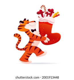 Vector flat cartoon illustration of new year and merry Christmas mascot tiger funny character carry xmas stocking full of gifts and sweets isolated. For banners, web, packaging, ads, cards etc.