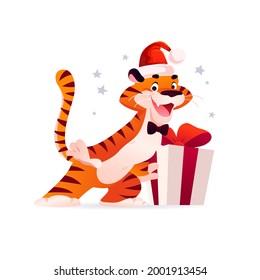 Vector flat cartoon illustration of new year and merry Christmas mascot tiger funny character in Santa hat with big xmas gift box isolated. For banners, web, packaging, ads, cards etc.
