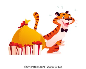 Vector flat cartoon illustration of new year and merry Christmas mascot tiger funny character in Santa hat with xmas presents isolated. For banners, web, packaging, ads, cards etc.