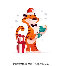 Vector flat cartoon illustration of new year and merry Christmas mascot tiger funny character in Santa hat with xmas presents and cup of hot chocolate isolated. For banners, web, packaging, ads, cards