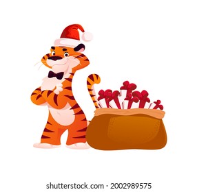 Vector flat cartoon illustration of new year and merry Christmas mascot tiger funny character in Santa hat with xmas presents isolated. For banners, web, packaging, ads, cards etc.