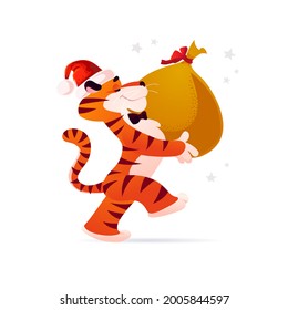 Vector flat cartoon illustration of new year and merry Christmas mascot tiger funny character in Santa hat carry big bag with xmas gifts isolated. For banners, web, packaging, ads, cards etc.