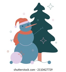 Vektorflache Cartoon-Illustration. Neujahr, Weihnachten. Schneemann und Weihnachtsbaum.