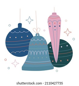 Vector flat cartoon illustration. New Year, Christmas toys. Christmas tree decorations.