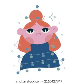 Vector flat cartoon illustration. New Year, Christmas tree decorations. The girl with light bulbs