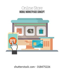 Vector flat cartoon illustration of online mobile store concept.
