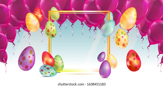Vector flat cartoon illustration for party on Easter holiday, vector illustration with frame, eggs and balloons