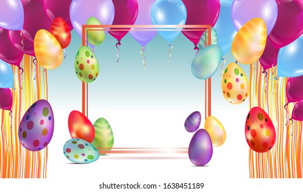 Vector flat cartoon illustration for party on Easter holiday, vector illustration with frame, eggs and balloons