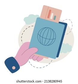 Vector flat cartoon illustration. Passport control at the airport. The hand holds a passport and a plane ticket.