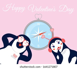 Vector flat cartoon illustration of a penguin couple.A young couple of penguins in love goes on a trip.The compass shows them the route.The male penguin holds glasses in the form of hearts.The female