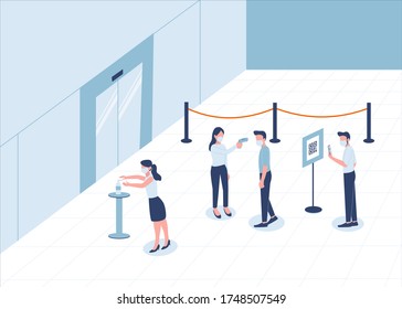 Vector flat cartoon illustration of people wearing face mask using smartphone scan QR code and temperature measurement for check in before entry the mall