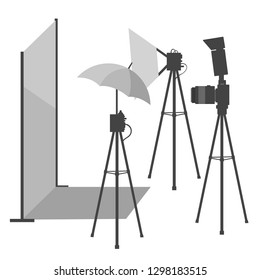 Vector flat cartoon illustration of photography studio with lights, camera and umbrella, vector illustration