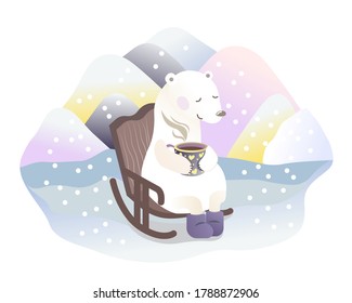 Vector flat cartoon illustration of a polar bear at the north pole with a hot drink in a cup. Hand-drawn drawing in childish cute kind cheerful style with a polar bear in the arctic. Snow, winter cozy