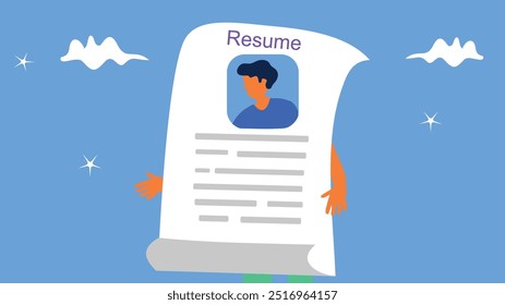 Ilustração de desenho animado plano vetorial de um currículo ou formulário de inscrição, apresentando dados pessoais e uma foto. Este projeto representa o processo de recrutamento, contratação e headhunt, enfatizando o recurso humano