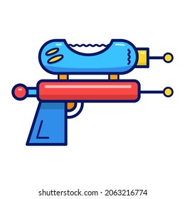 Ilustración de dibujos animados planos vectoriales con un dispositivo de explosión retro. Arma láser azul y roja o arma de rayos en fondo blanco aislado. 