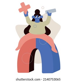 Vector flat cartoon illustration. School subject physics. Girl is sitting on a magnet. Schoolgirl holds plus and minus.