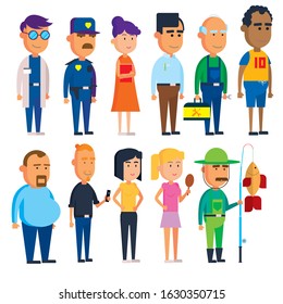 Vector flat cartoon illustration, set of professions of different races different professions and hobbies.