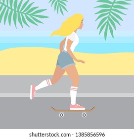 Vector flat cartoon illustration of skater girl going on the street to the beach