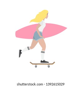 Vector flat cartoon illustration of skater girl with pink surf board isolated on white background 