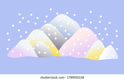 Vector flat cartoon illustration of snowy mountains. Hand-drawn drawing in a childish cute kind cheerful style with snow-covered hills. Cozy picture with cold frosty winter rocks snow, pastel delicate