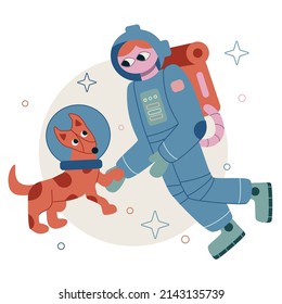 Vector flat cartoon illustration. Space Adventures. An astronaut and a dog are flying in outer space. Space exploration.