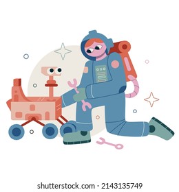 Vector flat cartoon illustration. Space Adventures. Astronaut fixes the rover. A cute rover is exploring alien planets.