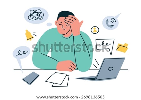 Vector flat cartoon illustration of stressed worker at laptop surrounded by urgent tasks and notifications. Concept of burnout, multitasking, mental overload, tired employee, office stress, pressure