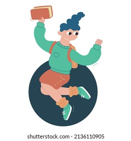  Vector flat cartoon illustration. The student is jumping for joy. Female student holding a book and wearing a backpack