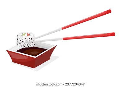Vector flat cartoon illustration of sushi and sauce bowl. Vector illustration