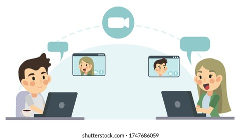 Vektorflache Cartoon-Illustration von Video Call-Konzept, Global Network. Mann und Frau sprechen und Videoanrufe über die Internetanwendung. von zu Hause aus arbeiten. entfernt. 